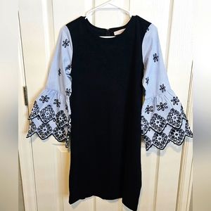 LOFT | Navy blue dress with long bell sleeve with eyelet cutout pattern